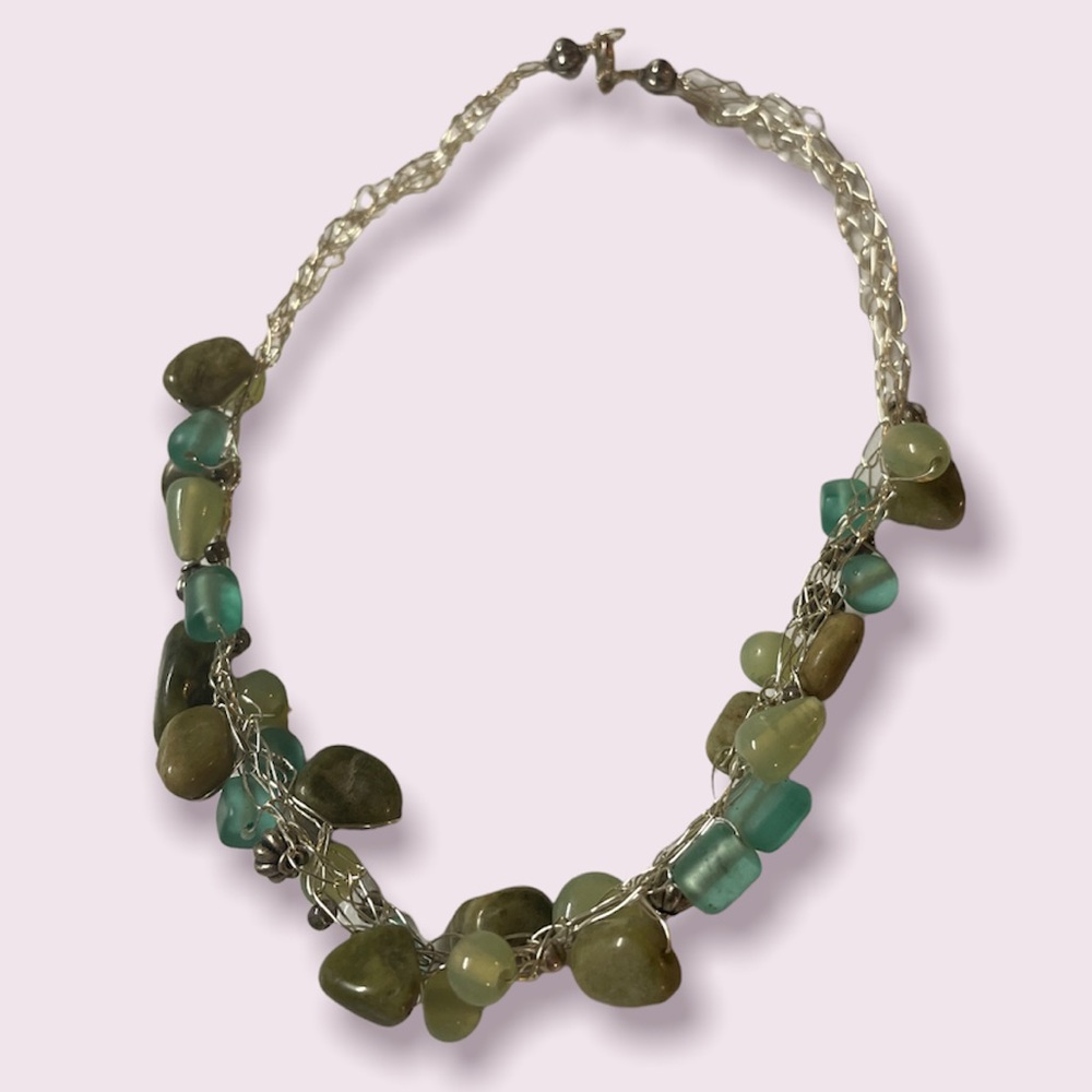 Monochromatic Green Stone Glass Beads Twisted Silver Tone Necklace